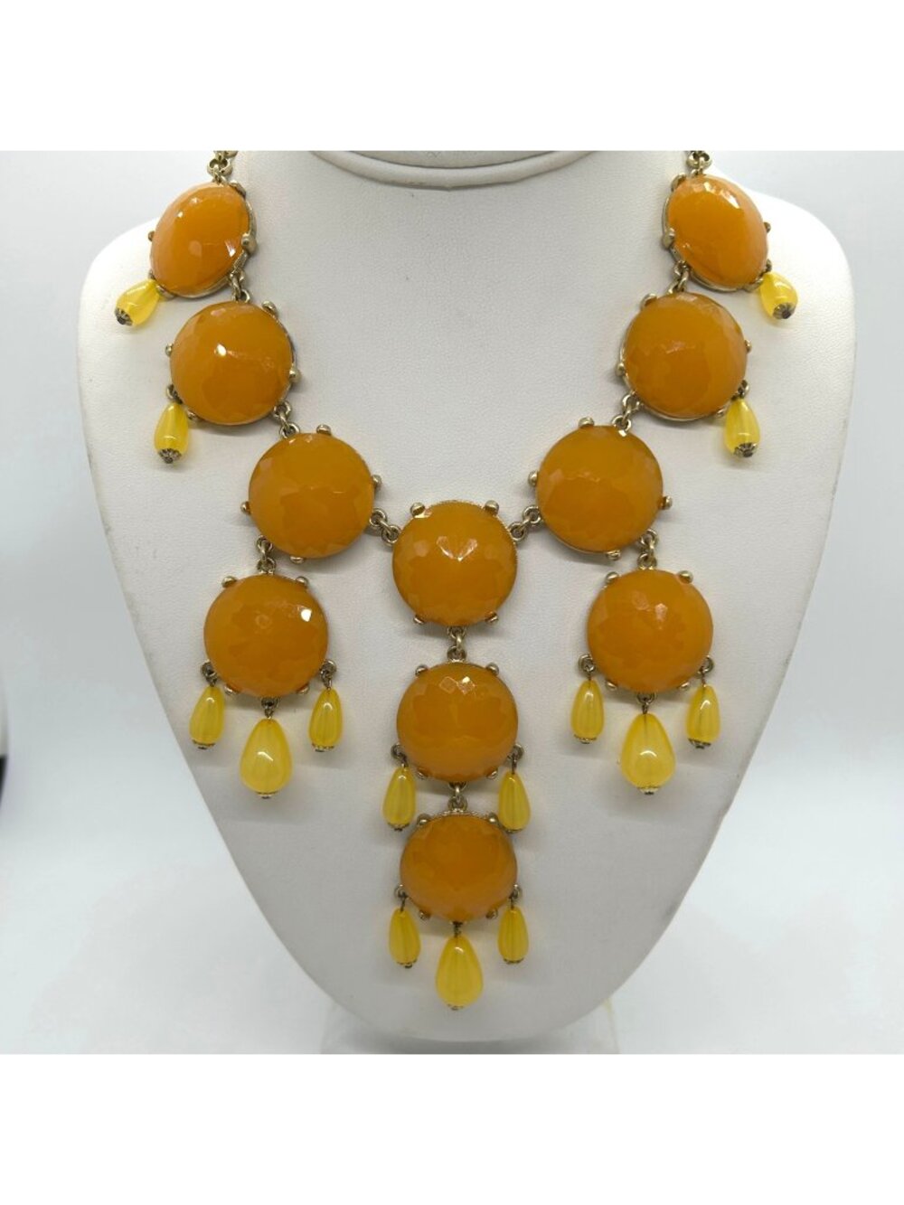 Vintage Joan Rivers Yellow Bib Necklace With Acrylic Cabochons Gold-Tone Dangles